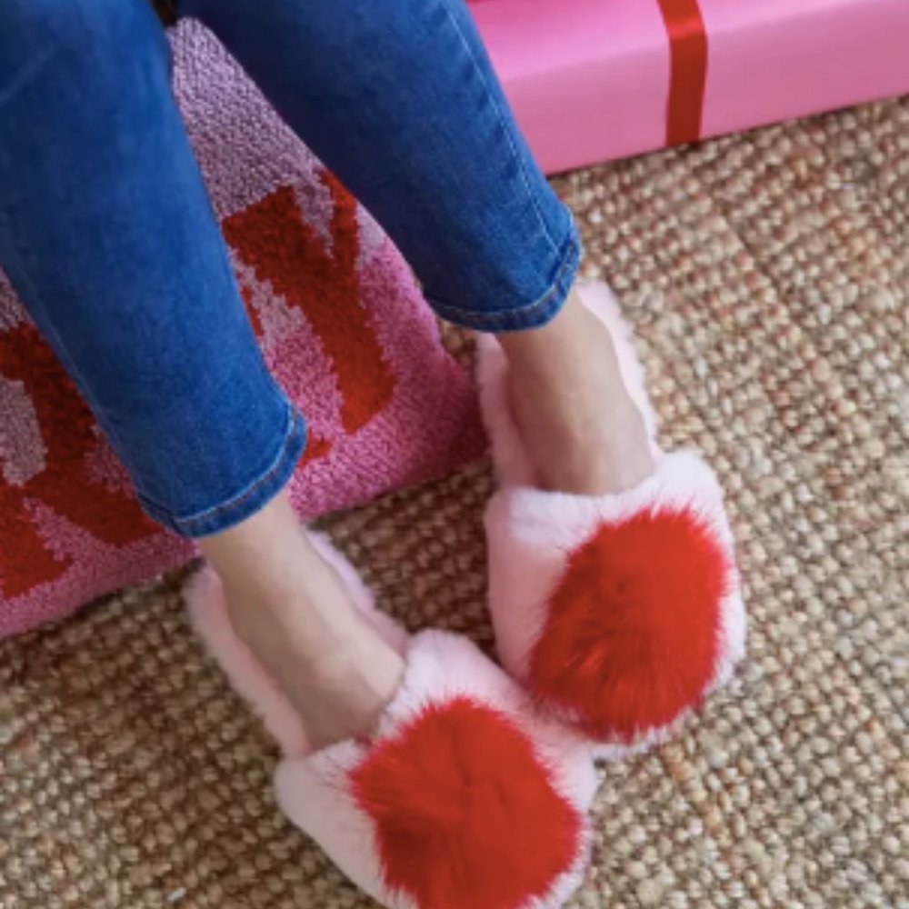Pink Fuzzy Slippers with Red Puff Amor Shiraleah L/XL